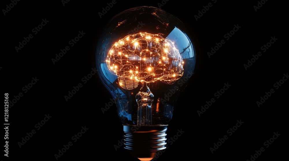Poster A digital concept of a brain inside a light bulb, with illuminated AI circuits and data, representing the fusion of technology and intelligence in the modern world