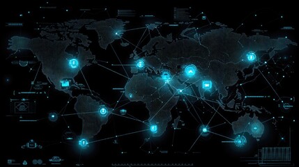 Obraz premium A digital concept representing ICOAST-INTERNET, with interconnected global maps and data points, symbolizing modern internet technology