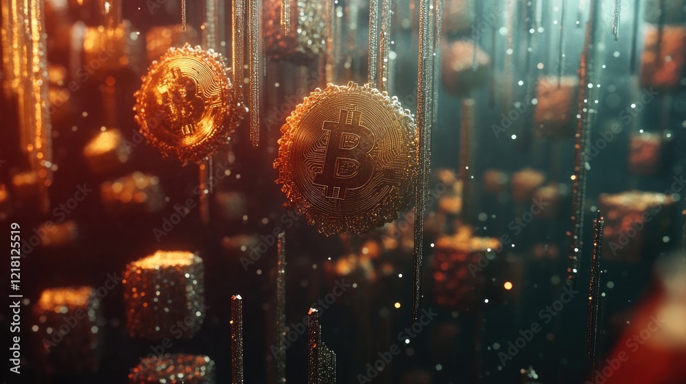 Poster A digital rendering of Bitcoin blocks floating over a network, representing the complex and innovative technology of cryptocurrency and blockchain