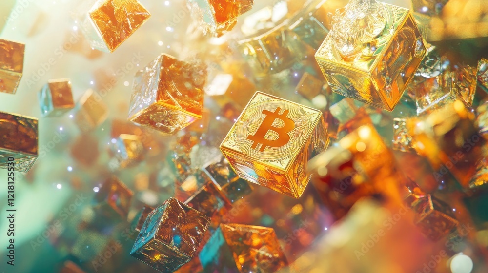 Leinwandbilder A digital rendering of Bitcoin blocks floating over a network, representing the complex and innovative technology of cryptocurrency and blockchain