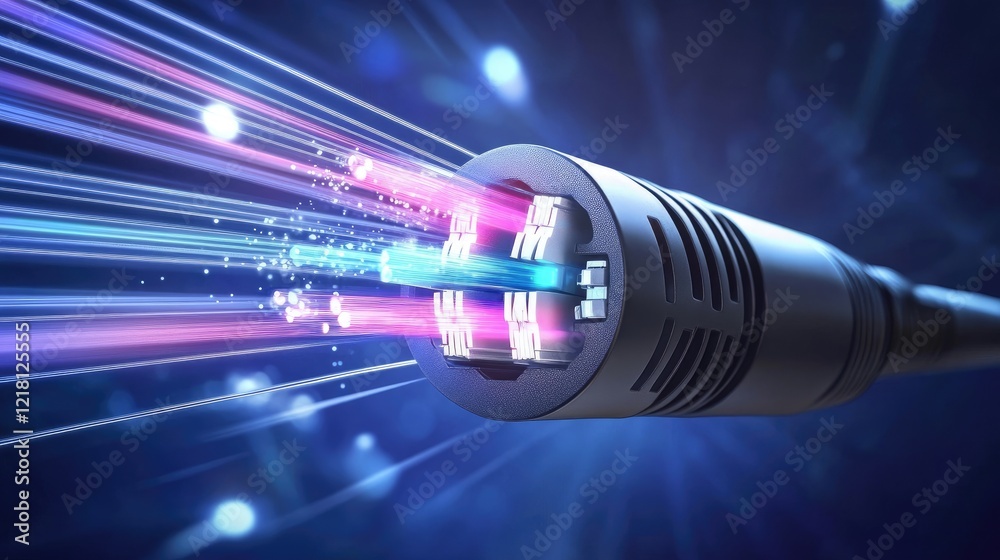 Poster A digital rendering of fiber optic cables with fast-moving light signals, symbolizing the transfer of data in a modern, high-speed communication network