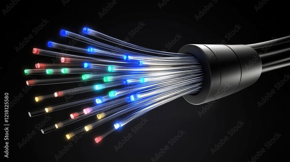 Poster A digital rendering of fiber optic cables with fast-moving light signals, symbolizing the transfer of data in a modern, high-speed communication network