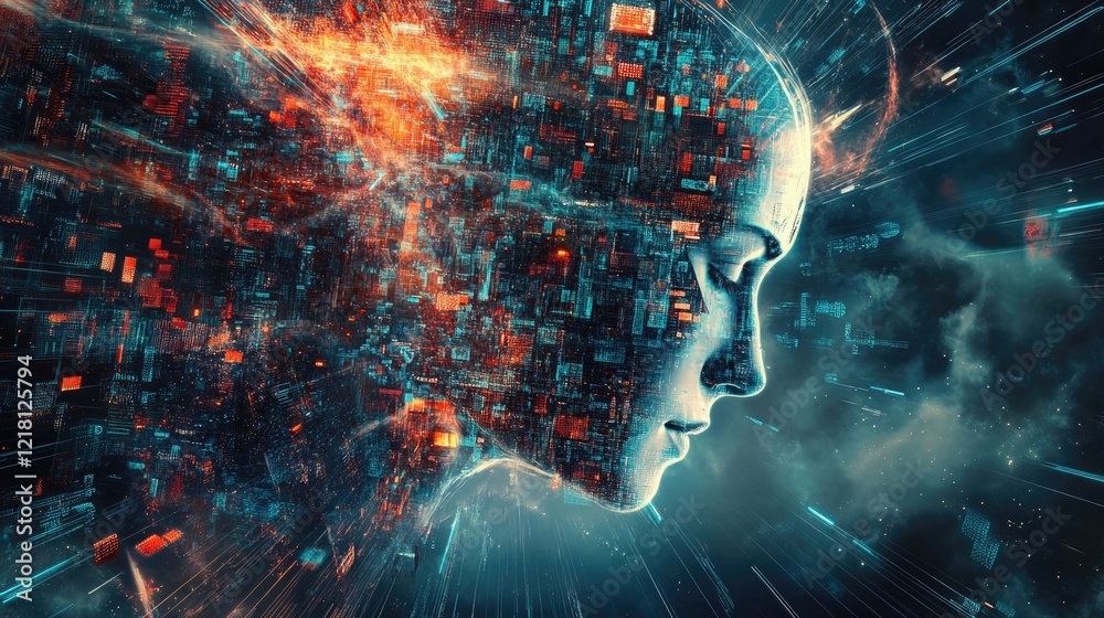Poster A dynamic digital design with futuristic cubes, AI data flows, and cloud technology, representing the convergence of innovation and digital transformation
