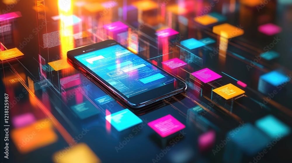 Poster A dynamic scene of a smartphone surrounded by bright, colorful information boxes, symbolizing the fast-paced flow of modern communication and tech