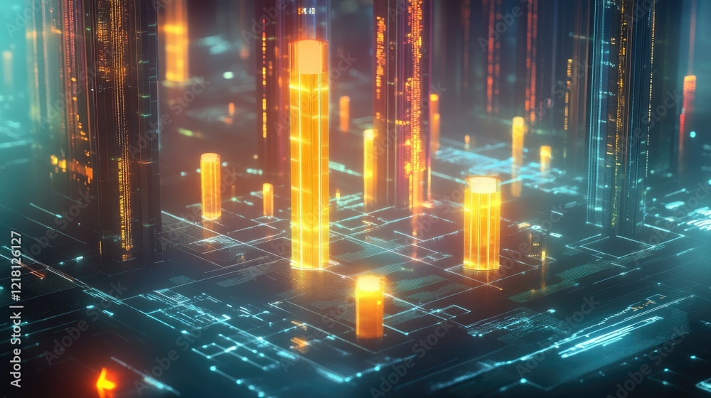 Poster A futuristic 3D chart with glowing candle bars, surrounded by abstract data elements, illustrating a dynamic financial trading environment