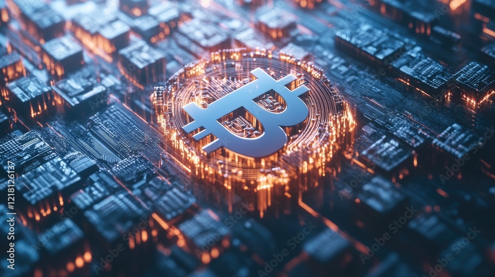 Poster a futuristic 3d concept of bitcoin blocks floating in a digital space, connected by glowing lines, s