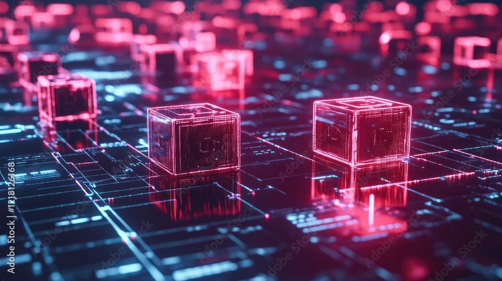 Poster a futuristic 3d concept of bitcoin blocks floating in a digital space, connected by glowing lines, s