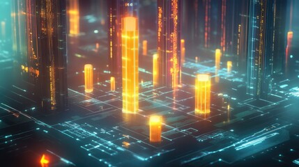 Fototapeta premium A futuristic 3D chart with glowing candle bars, surrounded by abstract data elements, illustrating a dynamic financial trading environment