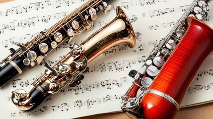 Fototapeta premium Musical Instruments on Sheet Music: A Symphony of Saxophones and Clarinets