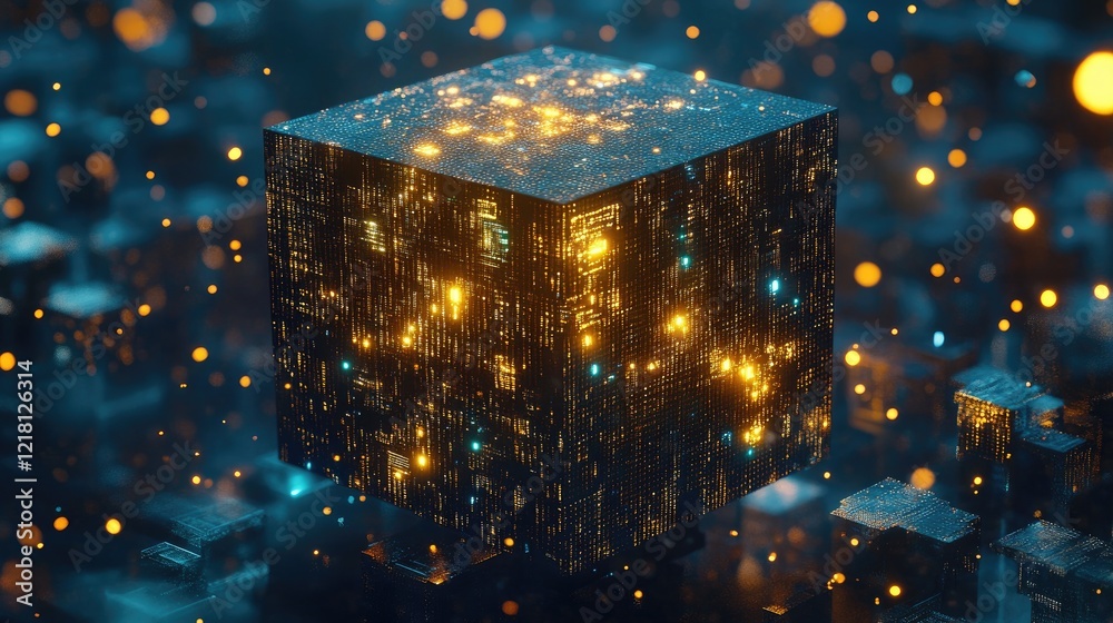 Poster A futuristic 3D cube made of glowing digital blocks, representing the abstract concept of big data and technological advancement
