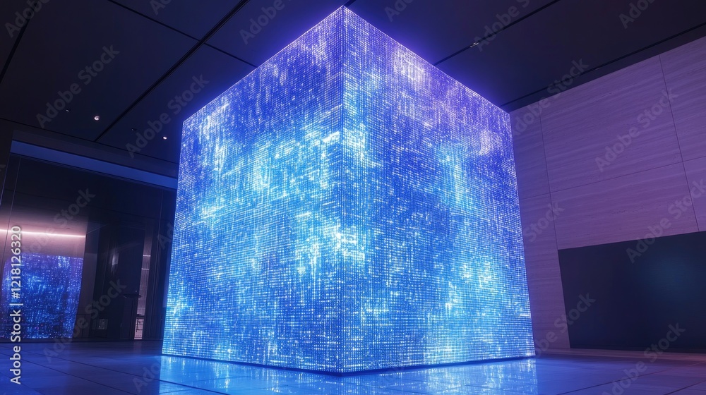 Poster a futuristic 3d cube made of glowing digital blocks, representing the abstract concept of big data a