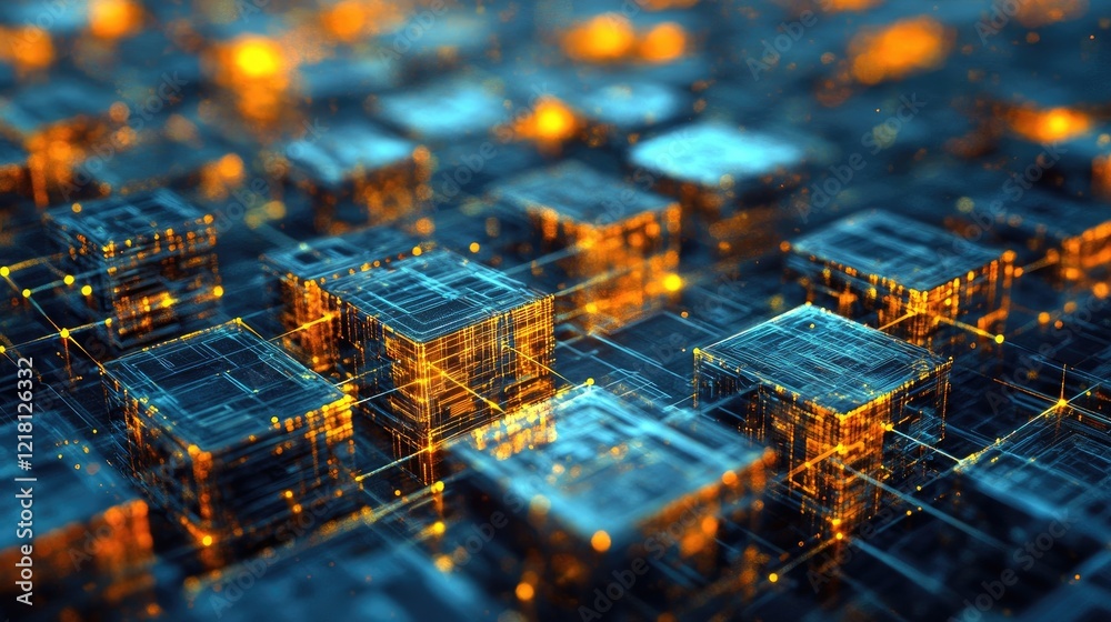 Aufkleber A futuristic 3D image of floating, connected cubes with glowing lines, representing the interconnected nature of artificial intelligence technology