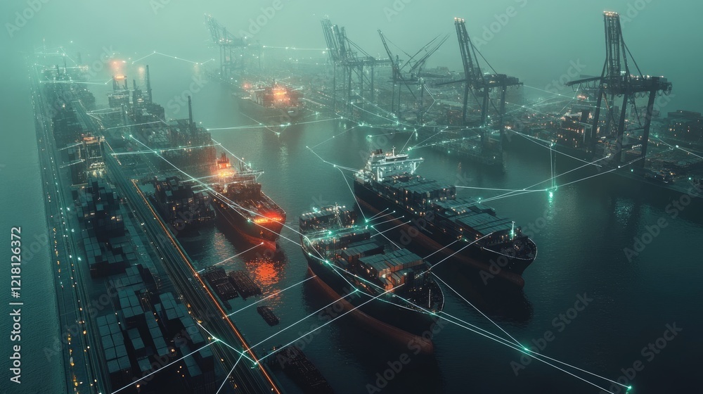 Poster a futuristic aerial view of a port with digital lines connecting ships and cargo, illustrating the r