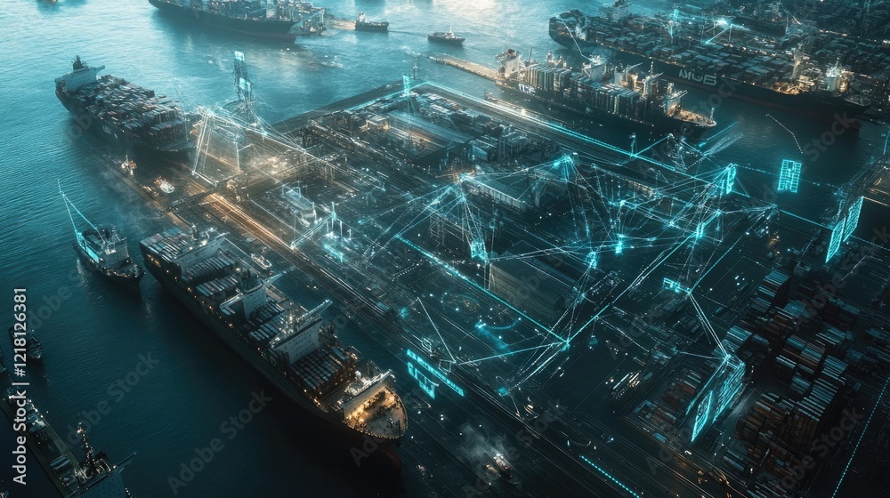 Poster a futuristic aerial view of a port with digital lines connecting ships and cargo, illustrating the r