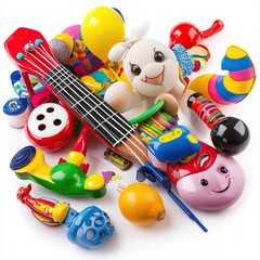 Obraz premium Colorful toys pile; party fun; white background; playful childhood