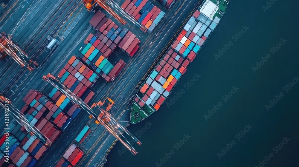 Poster A high-angle shot of a port with digital lines linking containers and ships, representing the future of connected logistics and smart supply chain systems