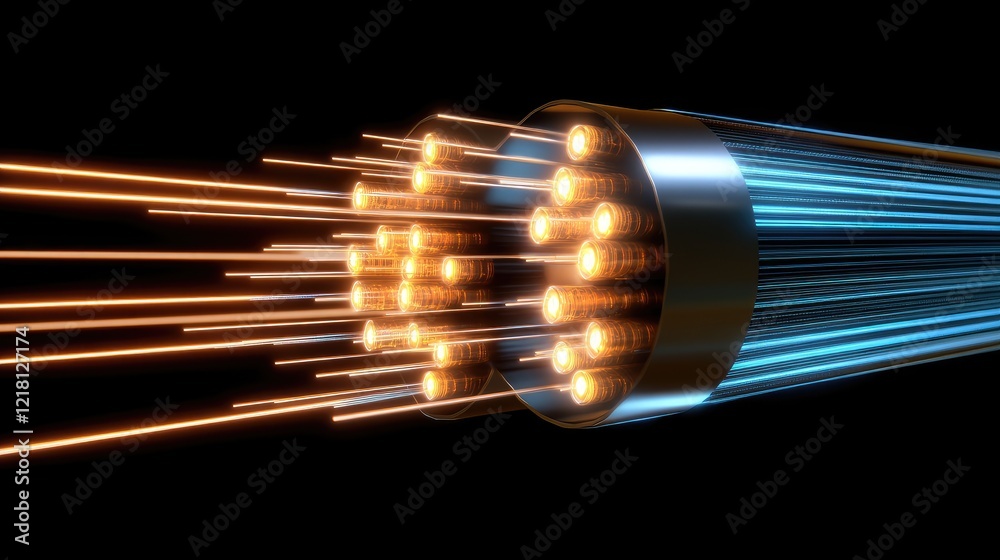 Poster a high-tech digital composite of fiber optic cables glowing with data transmission, representing the