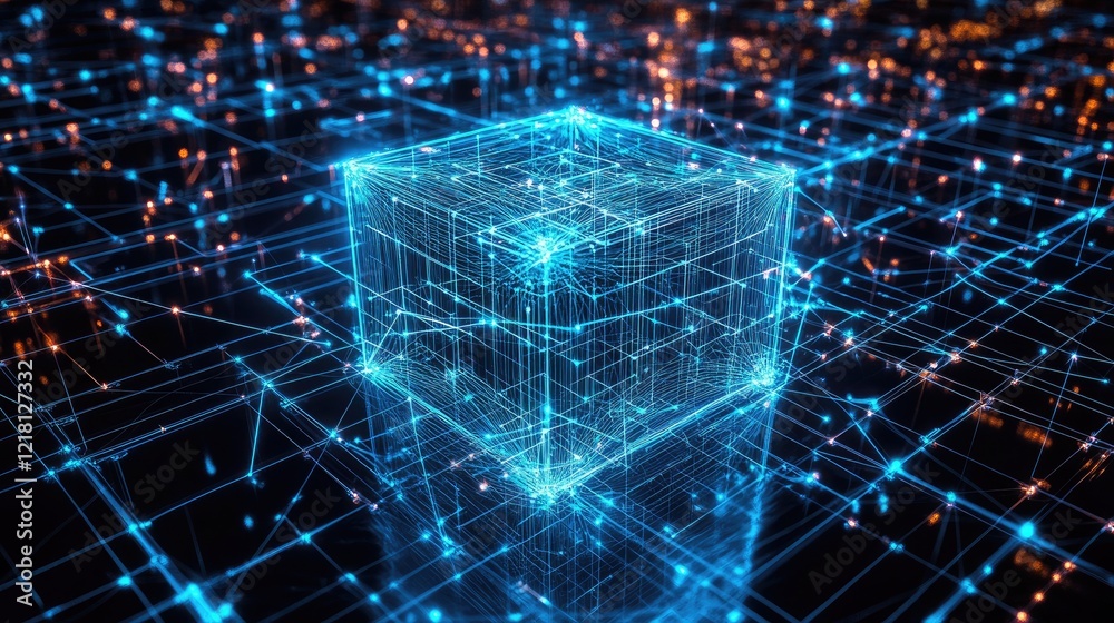 Poster A high-tech digital cube surrounded by a glowing network of interconnected lines, symbolizing the structure and flow of data in technology