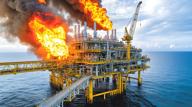 A beautiful sunrise over the ocean with an oil rig in silhouette, flames from a burning oil platform adding to the scene. 