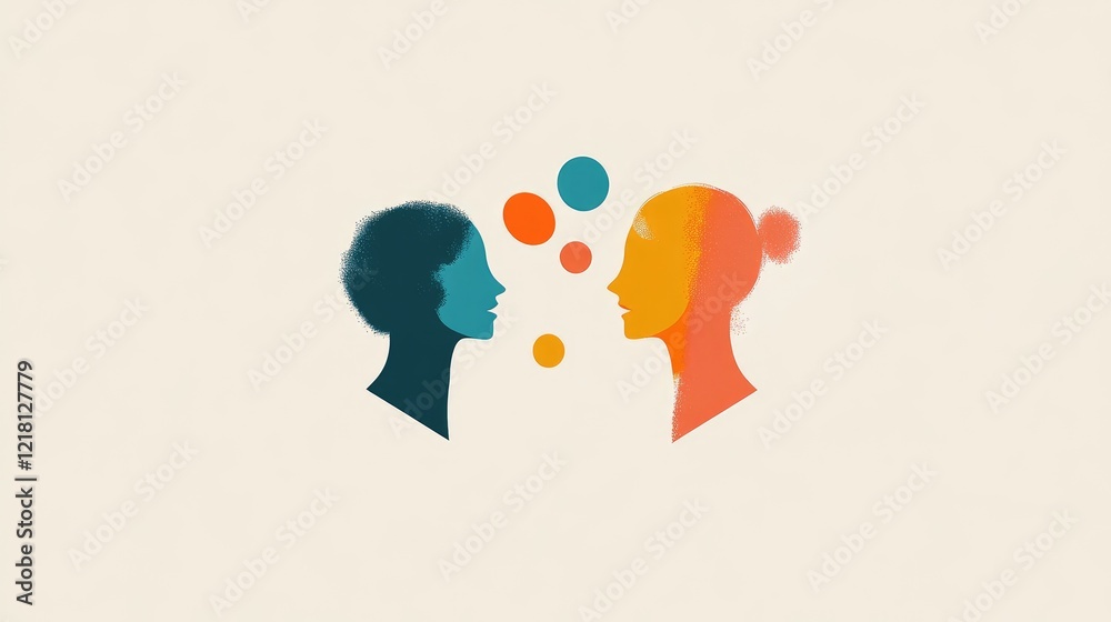 Poster A minimalist design with two abstract talking heads, each in a different color, and speech bubbles indicating an ongoing conversation