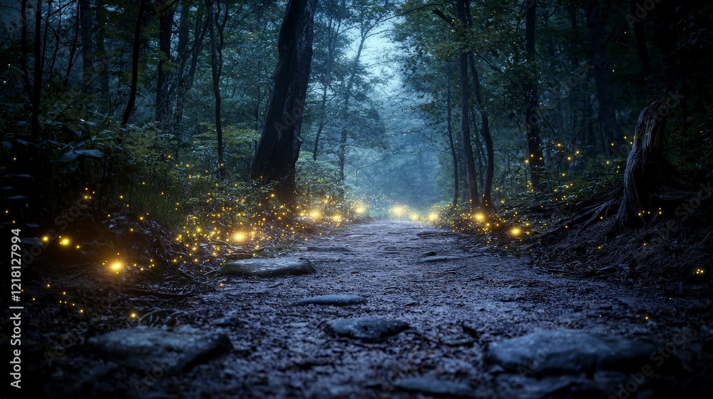 Poster a magical forest path illuminated by glowing fireflies at dusk nature photography tranquil environme