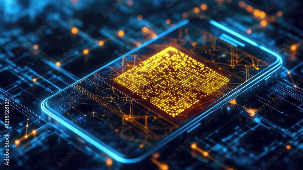 Poster a modern digital illustration of a yellow qr code on a phone screen, with glowing connections to rep