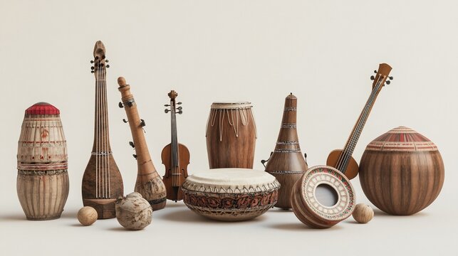 Studio Shot  Indian musical instruments displayed, light background, cultural heritage, website banner