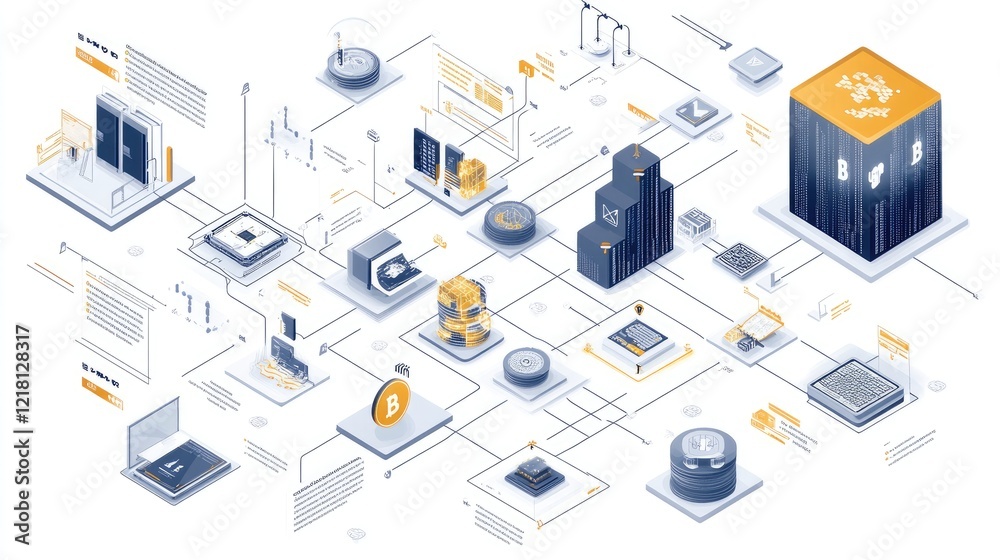 Poster A modern infographic illustrating the key concepts and flow of blockchain technology, with flowing lines and interconnected nodes to visualize decentralized networks