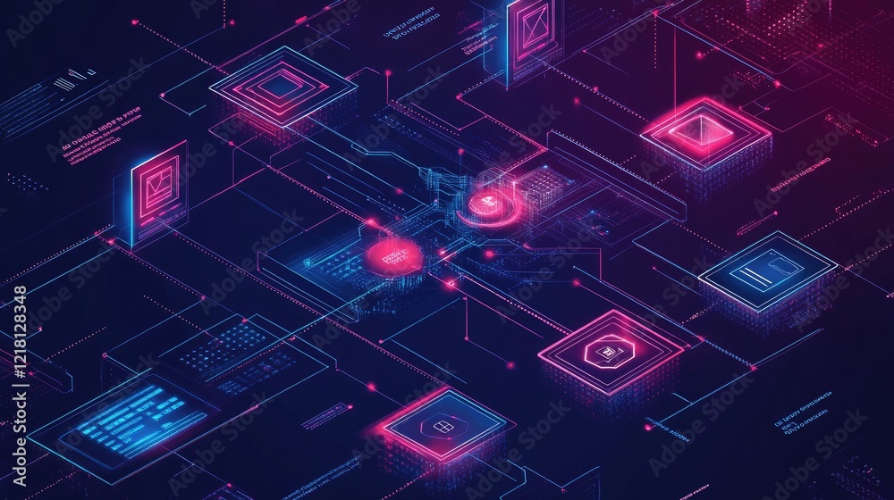 Poster A modern infographic illustrating the key concepts and flow of blockchain technology, with flowing lines and interconnected nodes to visualize decentralized networks