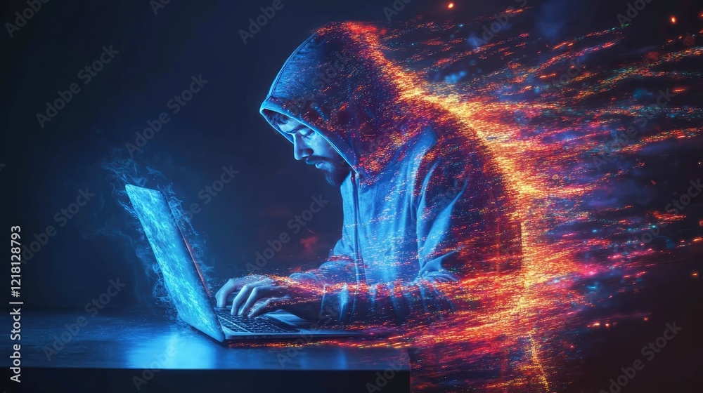 Poster A mysterious figure in a hoodie typing on a laptop, with digital data streams representing the act of hacking, cybercrime, and the creation of false identities