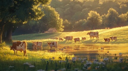 A peaceful rural scene with cows and calves grazing in a meadow, bathed in the warm glow of the summer sun, symbolizing the simplicity of farm life