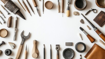 Craftsman tools arranged on white background, studio shot, copy space, crafting
