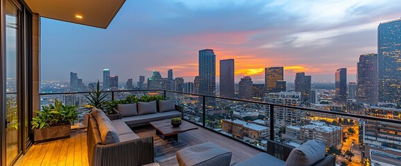 Modern rooftop terrace overlooking city skyline at sunset.