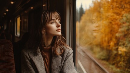 Thoughtful Young Woman Looking Out the Train Window at Autumn Forest Scenery Wrapped in a Cozy Sweater on a Cloudy Day