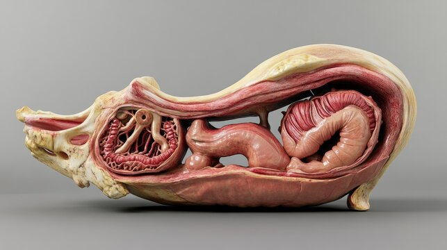 A scientific 3D model of a cow stomach showing the four chambers and digestive processes involved in ruminant digestion, ideal for educational use