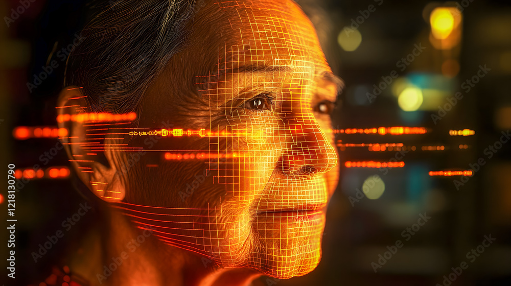 Poster digital visualization of an elderly woman with abstract data patterns and neural technology elements