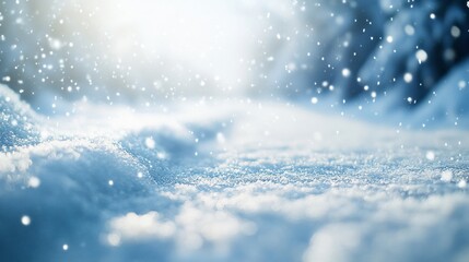 Fototapeta premium Snowy ground, winter forest background, snowfall, sunlit, holiday card