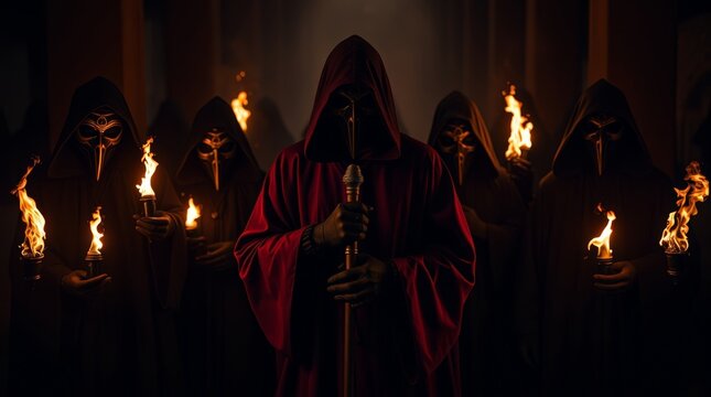 Dark masquerade with hooded figures and torches in a secretive, eerie ritual