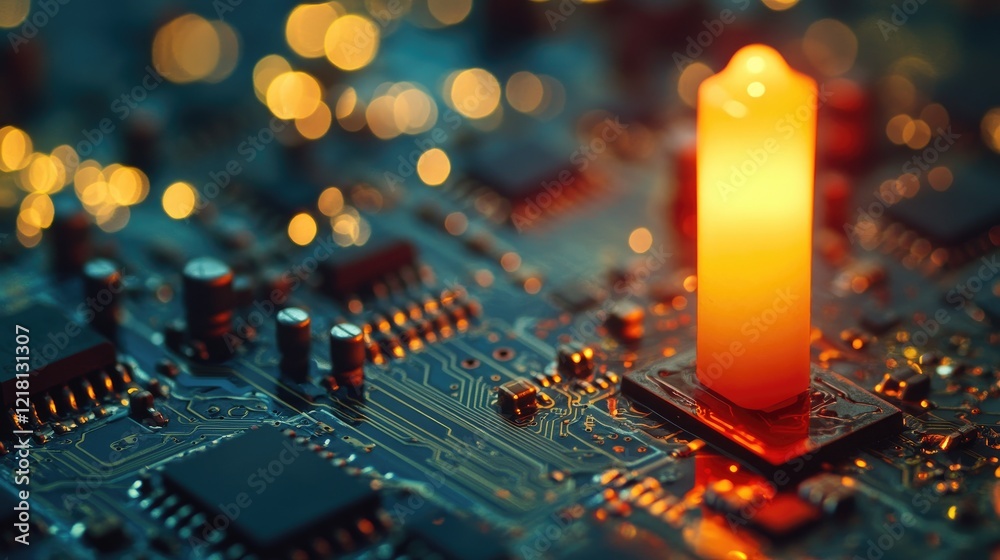 Poster A stock market candle bar chart displayed over a computer chip, symbolizing the intersection of technology and financial markets