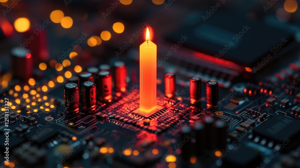 Poster a stock market candle bar chart displayed over a computer chip, symbolizing the intersection of tech