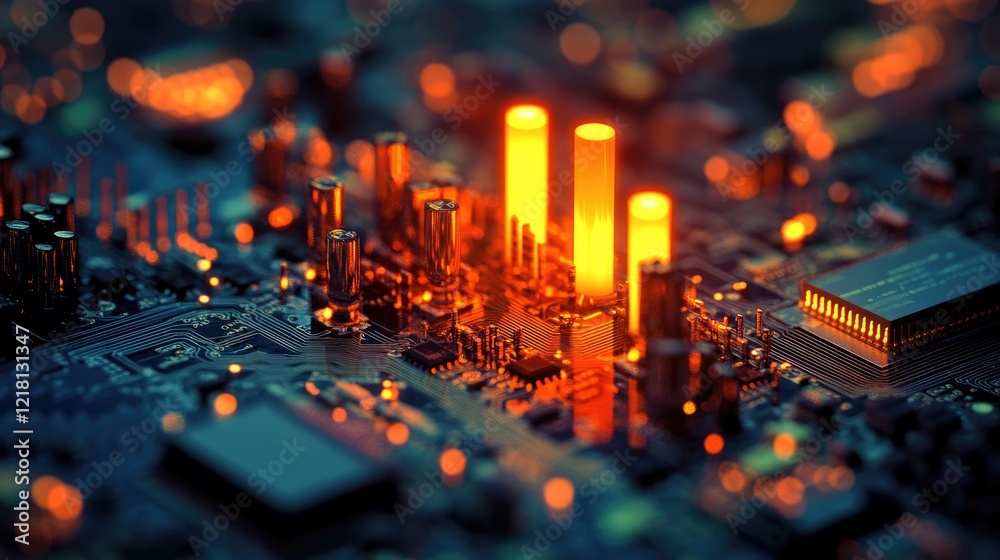 Poster a stock market candle bar chart displayed over a computer chip, symbolizing the intersection of tech