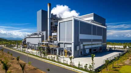 Fototapeta premium Coastal power plant, energy production, sunny day, ocean view, industrial