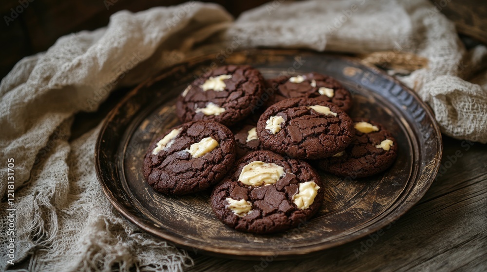 Poster a tempting display of chocolate cookies with creamy fillings, served on a rustic plate, offering a d