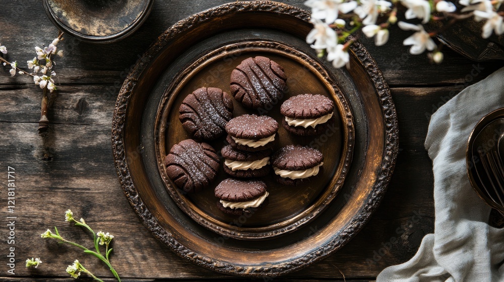 Poster a tempting display of chocolate cookies with creamy fillings, served on a rustic plate, offering a d