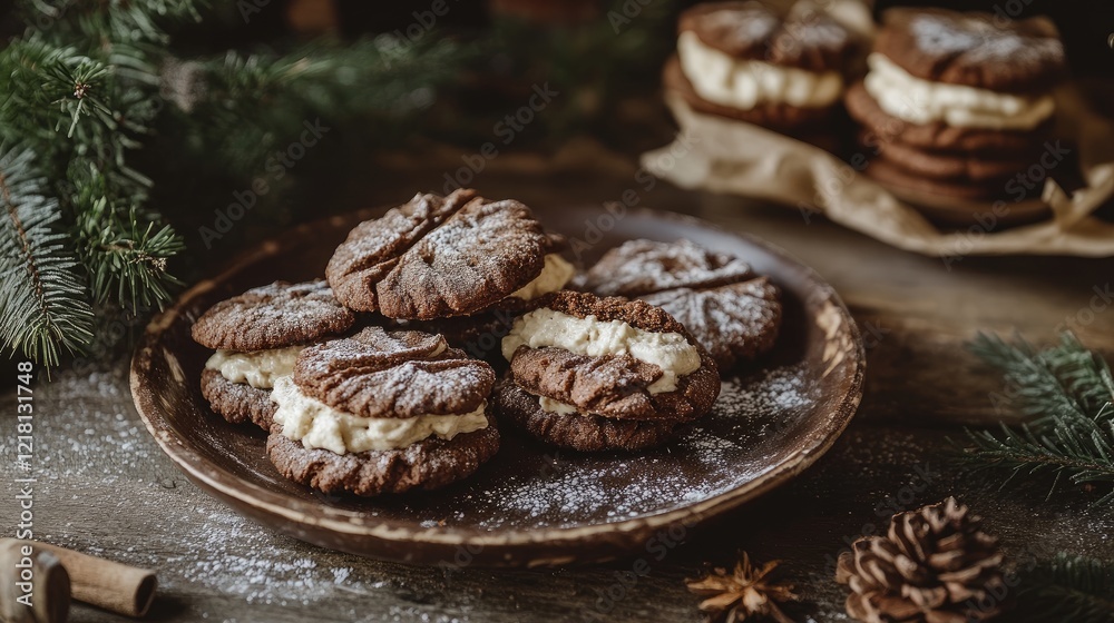 Poster a tempting display of chocolate cookies with creamy fillings, served on a rustic plate, offering a d