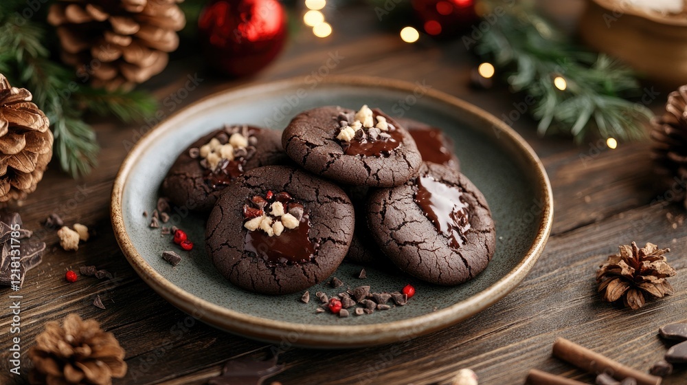 Poster a tempting display of chocolate cookies with creamy fillings, served on a rustic plate, offering a d