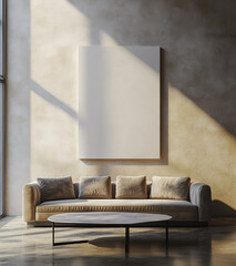 A white, blank canvas on the wall, a mockup in a boho interior with a sofa and coffee table, soft daylight, and beige tones, all rendered in a photorealistic style. 