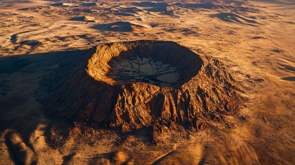 Aerial View of a Massive Desert Crater Illuminated by the Warm Light of Sunset with Rolling Sand Dunes Stretching Across the Vast Arid Landscape