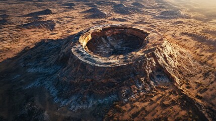 Aerial View of a Massive Desert Crater Illuminated by the Warm Light of Sunset with Rolling Sand Dunes Stretching Across the Vast Arid Landscape