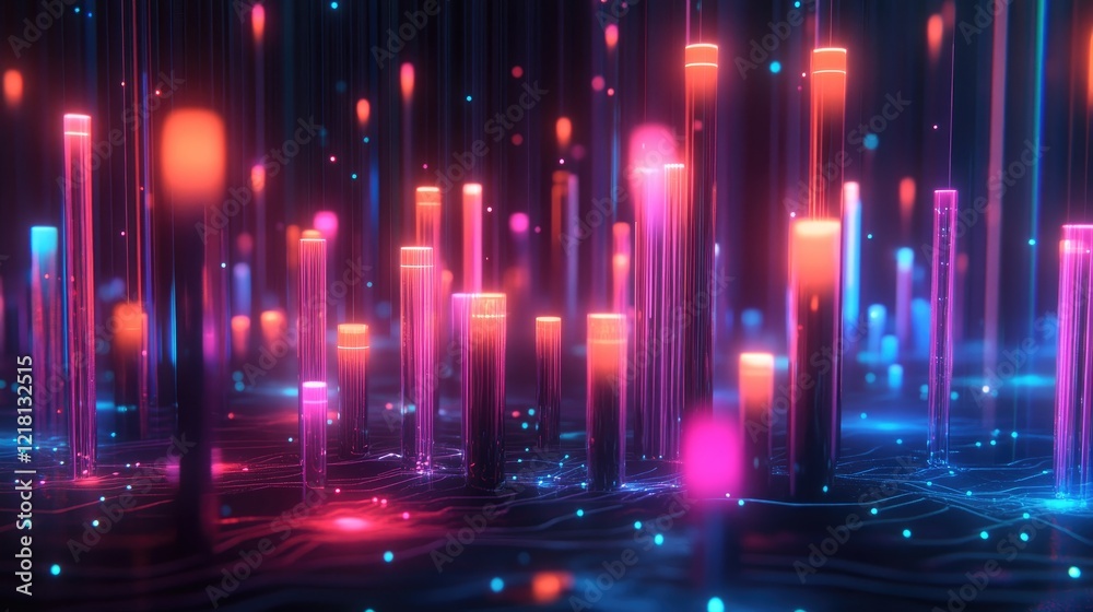 Poster a vibrant 3d chart filled with glowing candles, data points, and financial trends, symbolizing the e